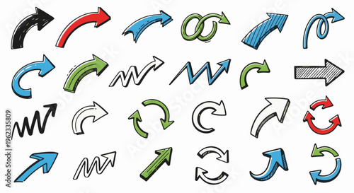 Collection of hand-drawn arrows in various colors and styles