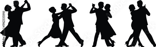 Black silhouette set of elegant ballroom dancers performing various classical dance poses including waltz tango and salsa for romantic vector design.