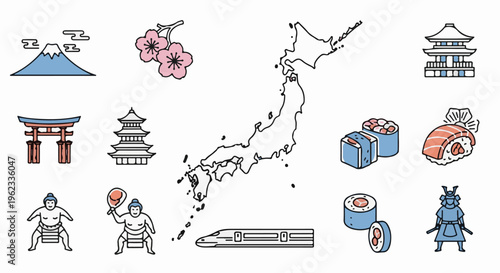 Collection of iconic Japanese symbols and landmarks in a stylized illustration