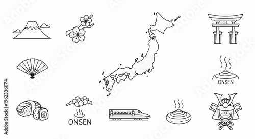 Collection of iconic Japanese symbols including a mountain, cherry blossoms, fan, sushi