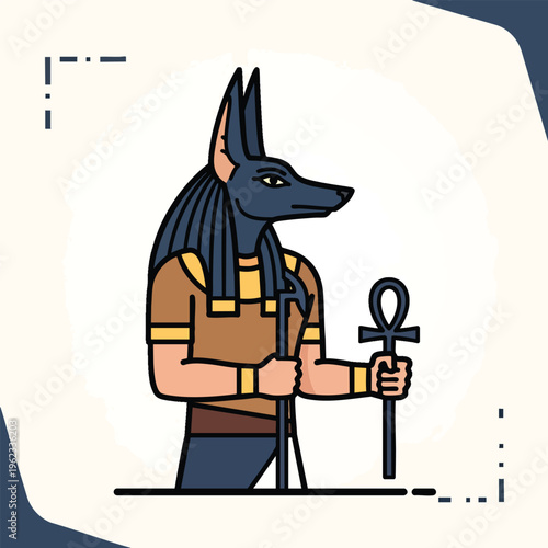 A stylized illustration of a jackal-headed figure holding an ankh, set against a muted beige backdrop with minimal decorative elements