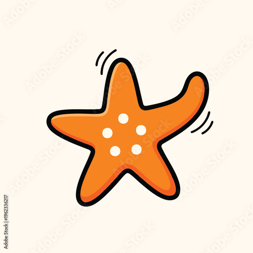 A vibrant, cartoon-style illustration of an orange starfish with a thick black outline, and white dots. It is situated on an off-white background