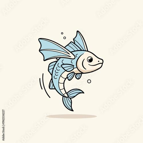 A cartoon-style illustration of a fish with light blue fins, tail, and dorsal fin. It appears to be jumping up. The background is a soft beige color