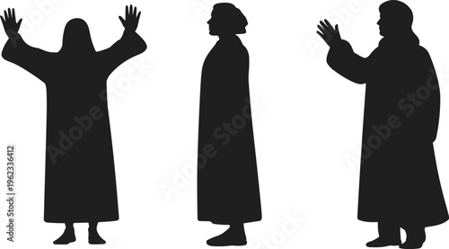 Black silhouette set of people in long robes performing various religious gestures including praying with raised hands and standing still.