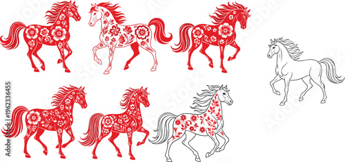 Decorative horse illustrations collection with floral patterns and elegant running poses, stylized equine designs set, ornamental vector artwork isolated on white background