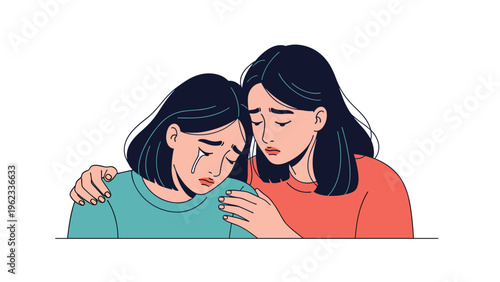 Compassionate woman gently comforts her crying friend or family member, offering emotional support during a moment of profound sadness.