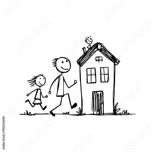 Hand drawn stick figure family running towards their new home with a child sitting on the roof in a whimsical black and white sketch style for creative design projects