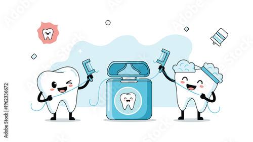 Happy cartoon teeth characters enthusiastically demonstrate proper flossing techniques, promoting excellent oral hygiene and preventive dental care.
