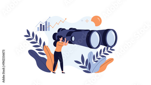 Businesswoman uses large binoculars to observe rising bar graphs and financial charts, symbolizing strategic vision and future business planning.