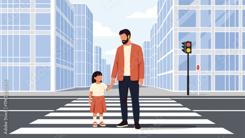 Father and daughter lovingly hold hands while safely crossing a busy city street at a zebra crossing under traffic lights.