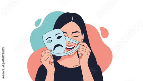 Woman pulls off a sad mask to reveal a genuinely smiling and happy face, symbolizing emotional resilience and overcoming sadness.