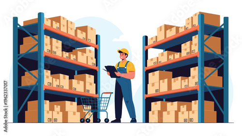 Diligent warehouse worker with a clipboard and shopping cart meticulously checks inventory on tall shelves filled with numerous boxes.