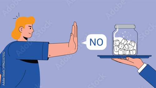 Man decisively makes a "No" gesture to a hand offering a jar of ice cubes, symbolizing a strong commitment to healthy choices and drink refusal.