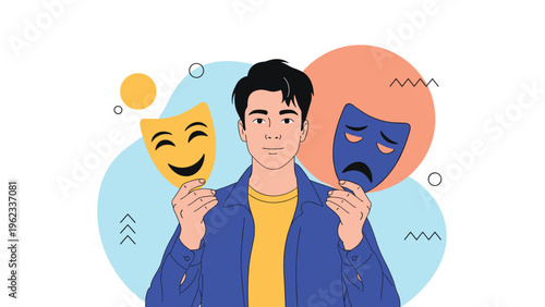 Man holds two distinct masks, one happy and one sad, symbolizing the complexity of human emotions and mood fluctuations.