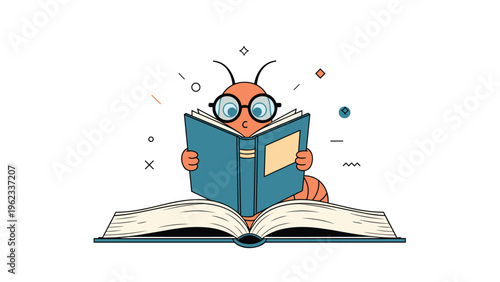 Adorable cartoon ant wearing glasses intently reads a very large book, symbolizing a passion for learning and intellectual curiosity.