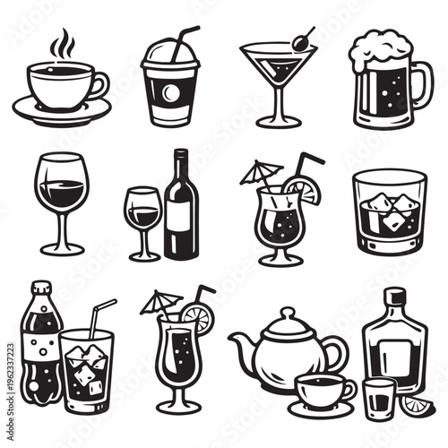Monochrome Drink Line Art Icon Set – Minimal Beverage Vector Collection
