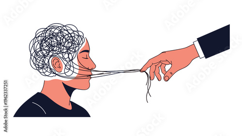 Controlling hand pulls tangled threads directly from a person's mouth and head, symbolizing manipulation, silenced communication, and mental control.