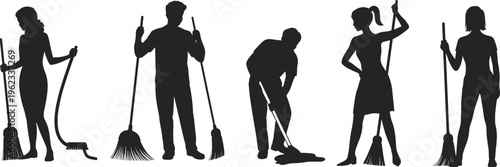 Collection of professional cleaner silhouettes using brooms and mops for commercial janitorial services, floor maintenance, and housekeeping chores in vector format.