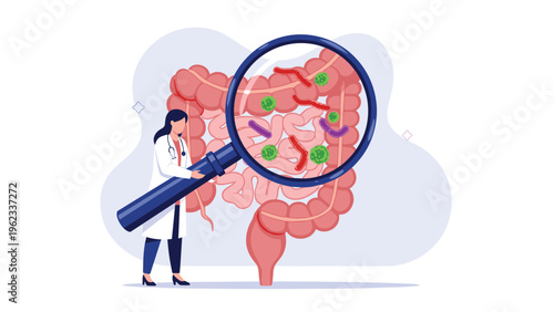 Female doctor uses a large magnifying glass to meticulously examine human intestines filled with bacteria, symbolizing vital gut health and microbiome research.