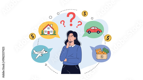 Woman with question marks above her head thoughtfully considers various expenses, including house, car, travel, and groceries, symbolizing financial planning concerns.