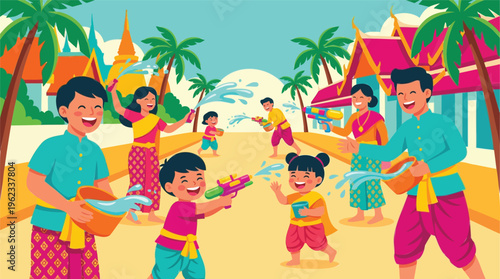 Joyful community celebrates a vibrant Asian water festival, splashing and playing with buckets and water guns on a festive street