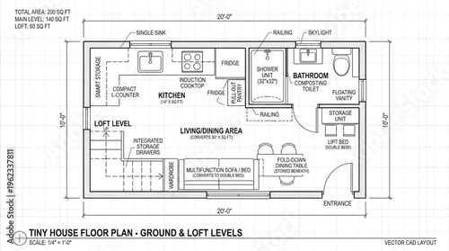 Tiny house floor plan with ground and loft levels, CAD design and layout