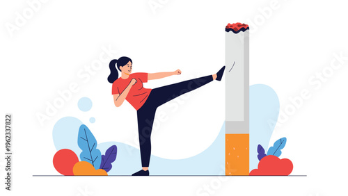 Strong woman powerfully kicks a large cigarette, symbolizing a determined effort to quit smoking and embrace a healthy lifestyle.
