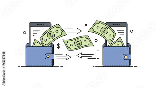 Dollar bills swiftly fly between two smartphone screens and wallets, illustrating seamless mobile payments, digital transactions, and online banking.