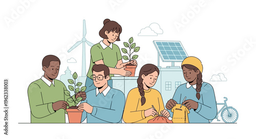 Eco-Friendly Community Initiatives: Diverse People Planting, Crafting, and Embracing Green Living with Renewable Energy