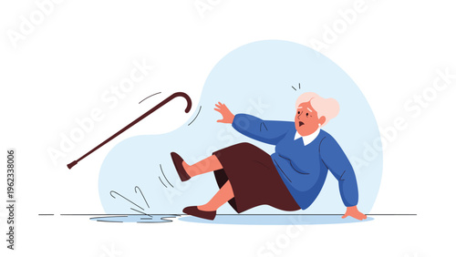 Elderly woman dramatically falls to the ground, with her walking stick falling nearby, indicating a serious accident and mobility issues.
