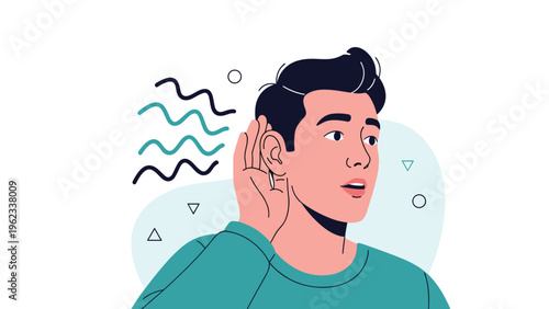 Man intently holds his hand to his ear, with visible sound waves around him, symbolizing focused listening and keen attention.
