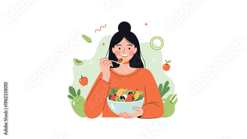 Smiling woman happily eats a large bowl of fresh fruit and vegetable salad, symbolizing healthy eating habits and good nutrition.