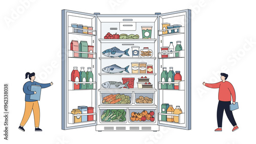 Man and woman stand beside a fully open, well-stocked refrigerator, symbolizing efficient grocery shopping, organized food storage, and healthy eating.