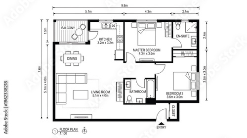 Detailed black and white architectural floor plan design with measurements and room layout