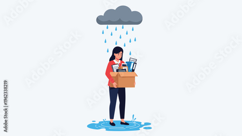 Woman holds a box of personal belongings, standing sadly under a raining cloud, symbolizing job loss, unemployment, and emotional sadness.