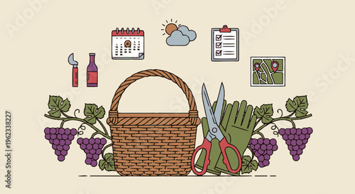 Harvesting Grapes With Basket And Tools.