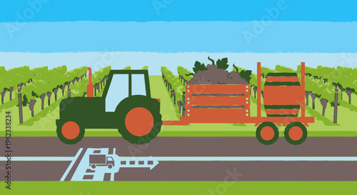 Green tractor pulling a trailer full of harvested crops on a road.