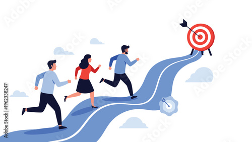 Diverse group of determined people runs on a winding path directly towards a target, symbolizing clear goal achievement and collective motivation.