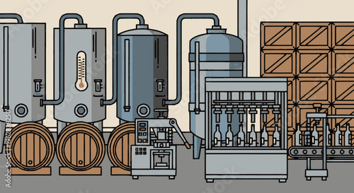 Industrial Brewery Production Line with Fermentation Tanks and Bottling Machine.
