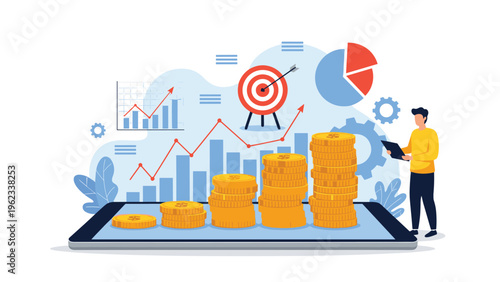 Man stands beside rising coin stacks and financial graphs displayed on a tablet, symbolizing robust financial growth and smart investment strategies.