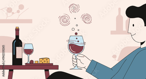 Man enjoying a glass of red wine with swirling thoughts.