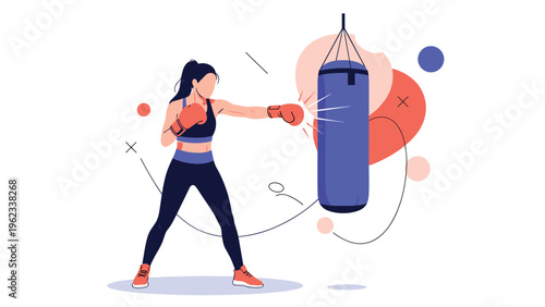 Determined woman vigorously boxes a punching bag, symbolizing excellent physical fitness, inner strength, and effective stress relief.