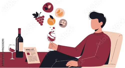 Man enjoying wine tasting with fruit aromas.
