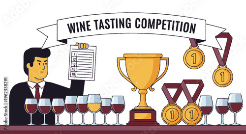 Man in suit holding list at wine tasting competition with trophy and medals.