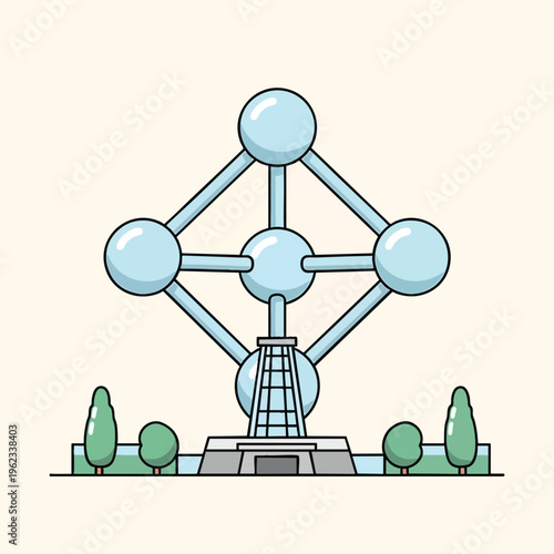 A cartoon illustration of a landmark composed of multiple spheres and connecting rods. Below the structure are trees, ground, a base, and sky
