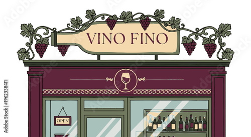Vino Fino Wine Shop Facade with Grapes and Bottles.