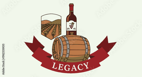 Vintage Wine Barrel and Vineyard Emblem with Legacy Text.