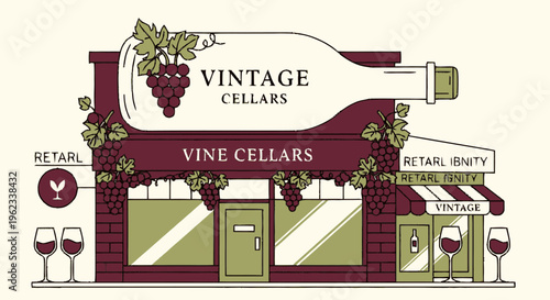 Vintage Vine Cellars Wine Shop Facade Illustration.