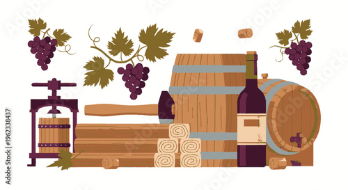 Vintage Wine Making Equipment and Grapes Illustration.