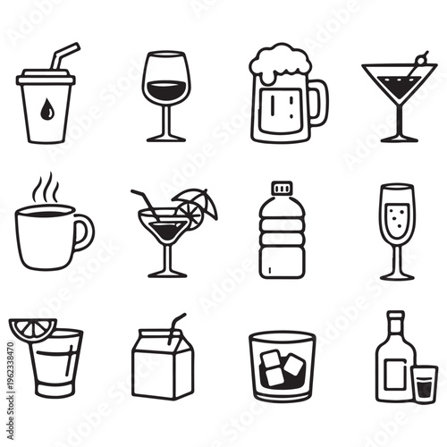 Monochrome Drink Line Art Icon Set – Minimal Beverage Vector Collection